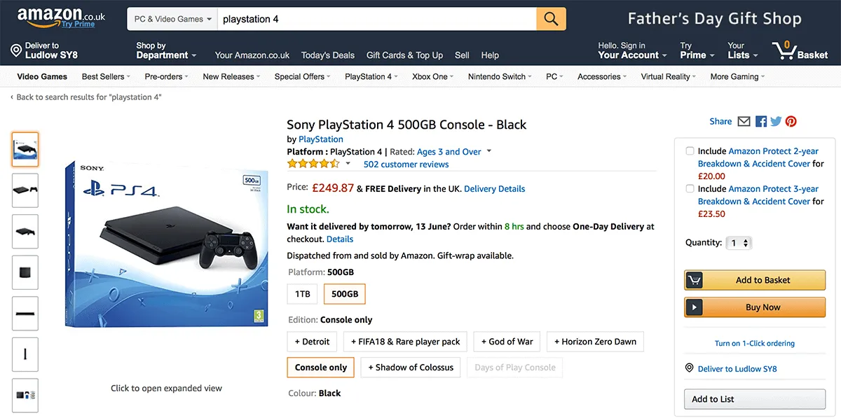 The Amazon website showing a product page for a Sony Playstation 4 with the search term 'playstation 4' still visible in the search field.
