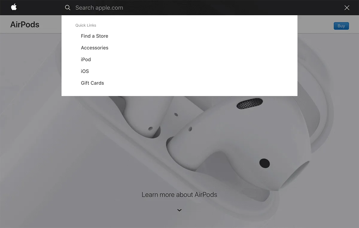 The search box on the Apple website showing several suggested click links that appear when a user clicks the text field.