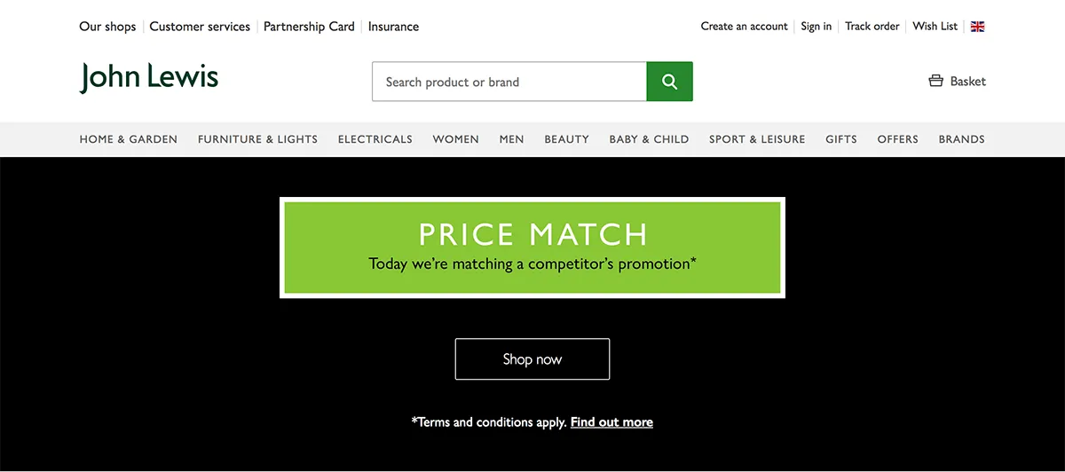 The header of the John Lewis website showing the prominent search box in the middle of the header.