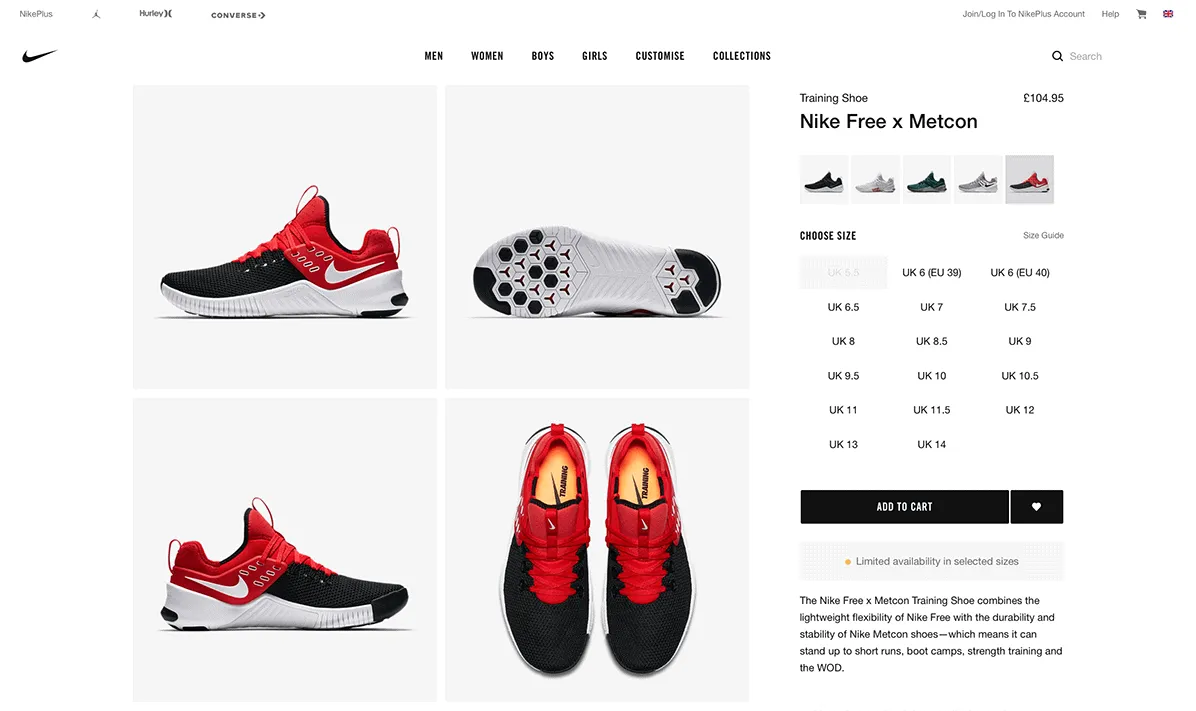 A product page for the Nike Free x Metcon training shoes on the Nike website.