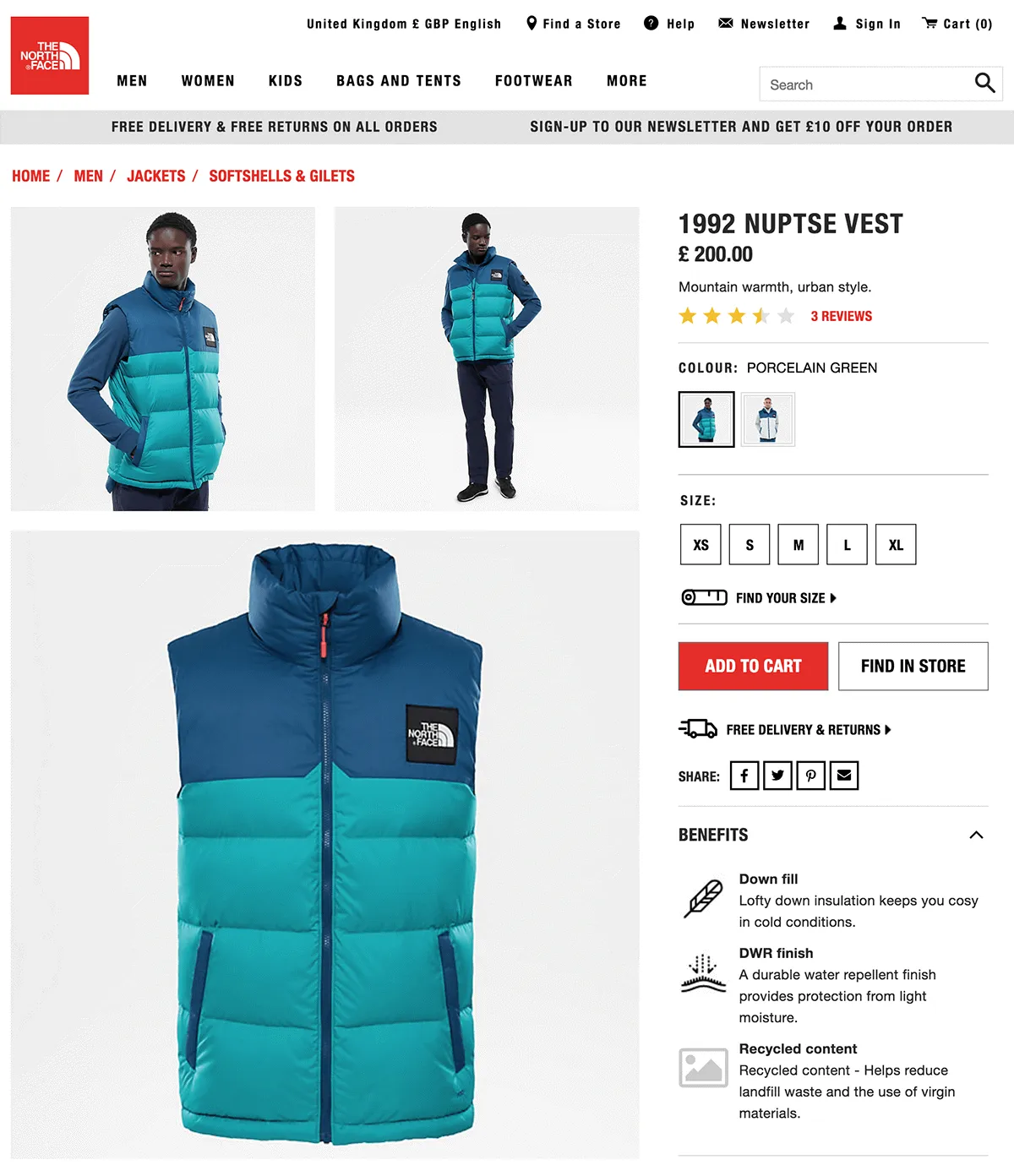 A screenshot of the product page for the 1992 Nuptse Vest on The North Face website.