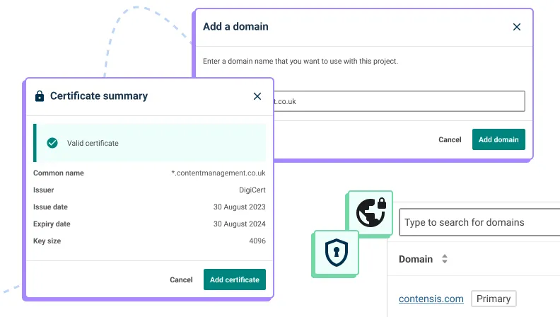 UI visuals representing adding a domain and viewing SSL certificates.
