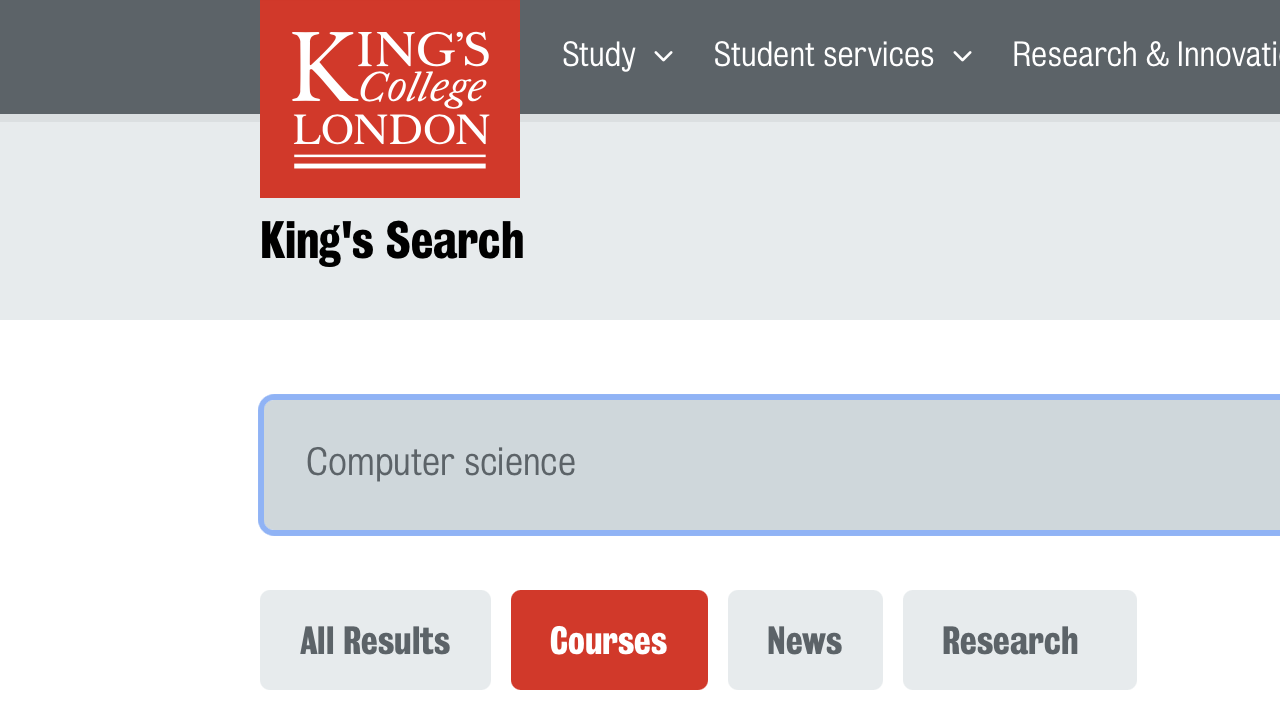 The search results page on the King's College London website showing results for the term "computer science".. 