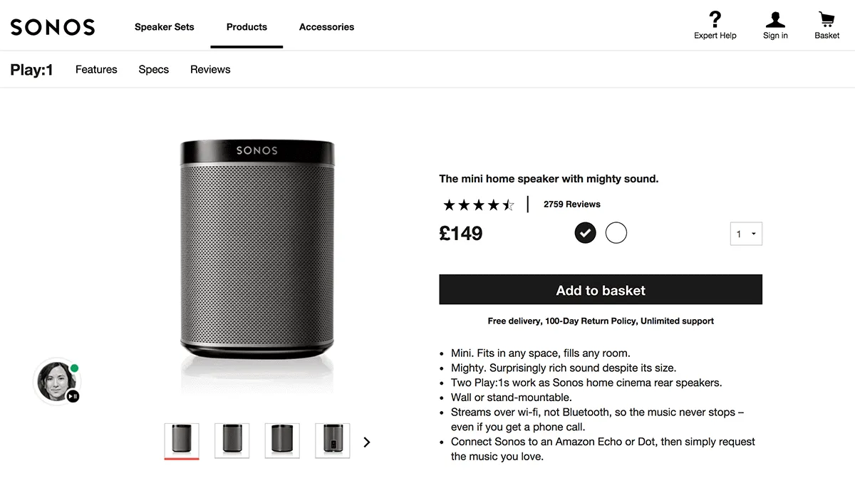 A product page for the Play:1 speaker on the Sonos website with benefits of the product listed as bullet points.