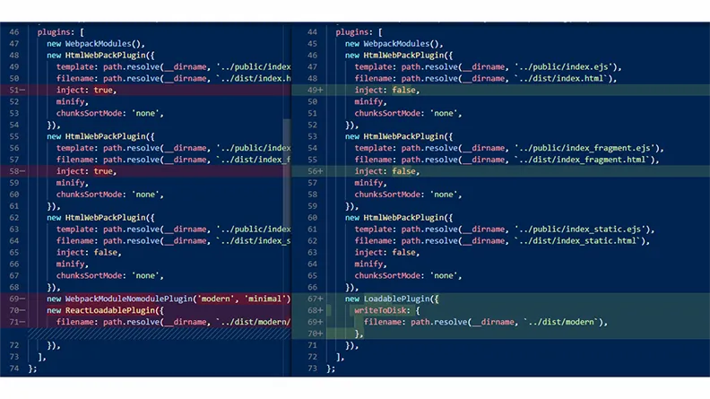 A side-by-side comparison of the differences in the webpack plugin in Contensis React Base 3 versus Contensis React Base 2.
