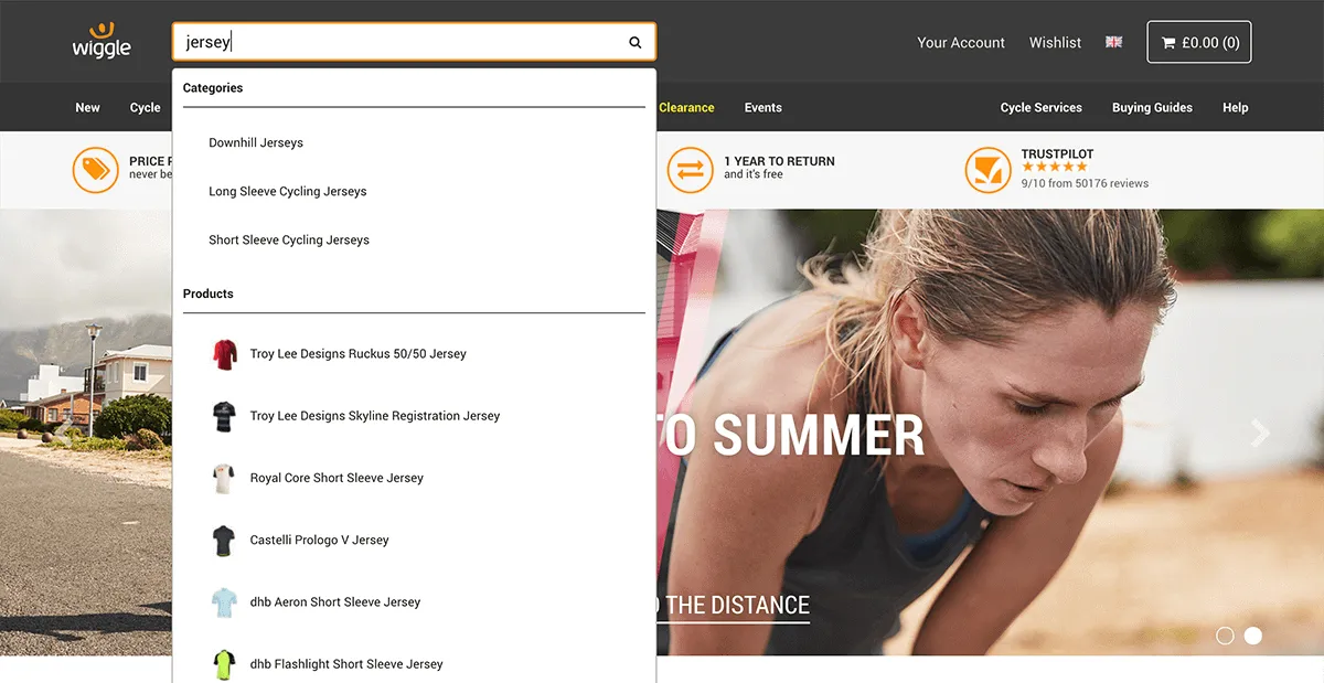 The Wiggle website showing a list of autosuggested results returned for the term 'jersey'.