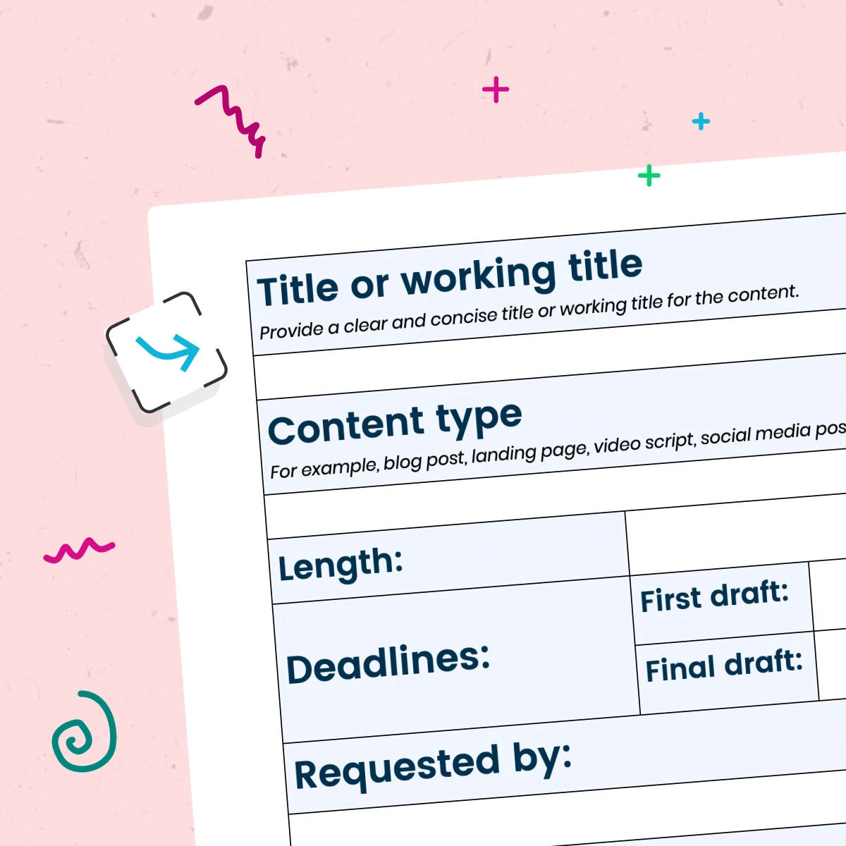 An illustration showing the first page of the Contensis content brief template.