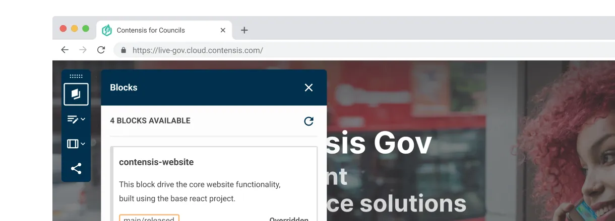 The Blocks preview toolbar on a webpage powered by Contensis.