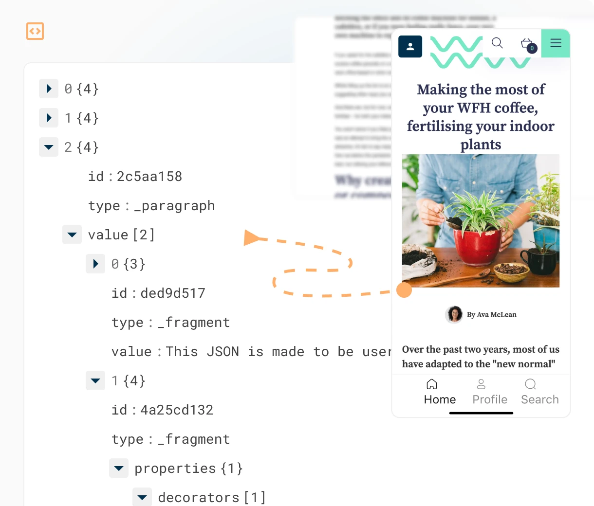 An example of the JSON output from a Contensis Canvas field alongside a mockup of a mobile web page.