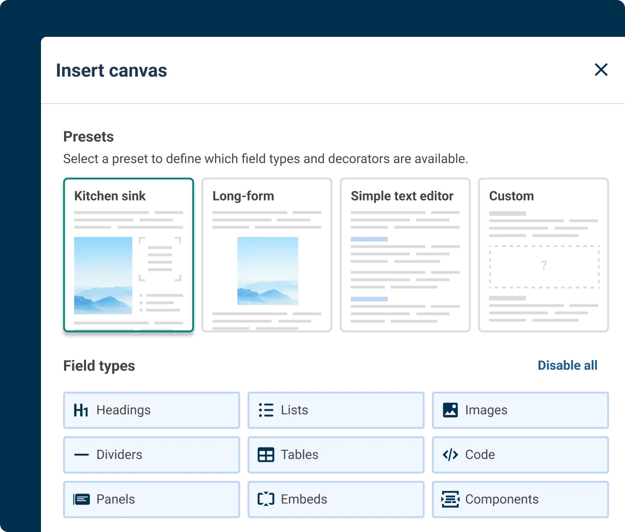 The Canvas editor settings panel in a Contensis content type.