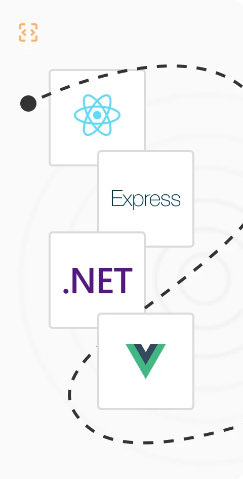 An illustration featuring the React.js, Express.js, .Net and Vue.js logos.