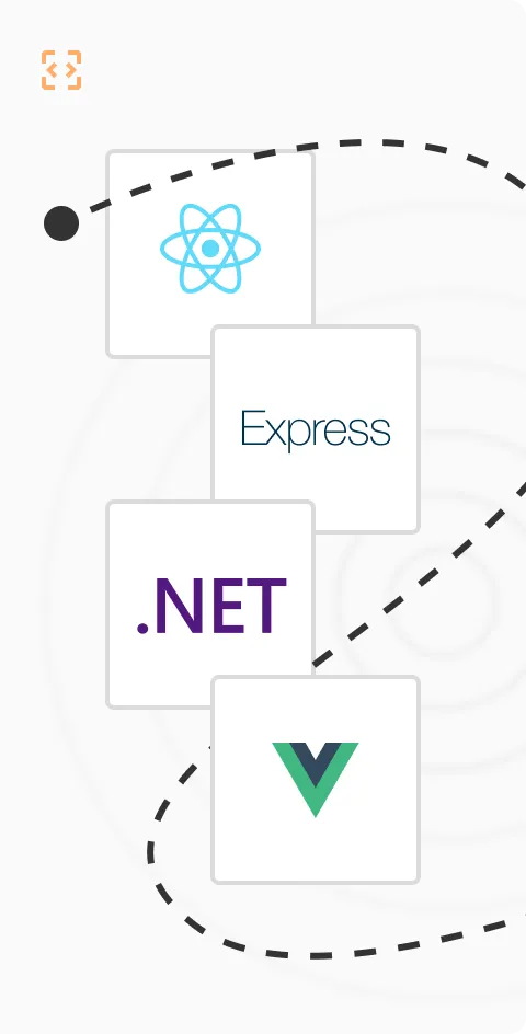 An illustration featuring the React.js, Express.js, .Net and Vue.js logos.