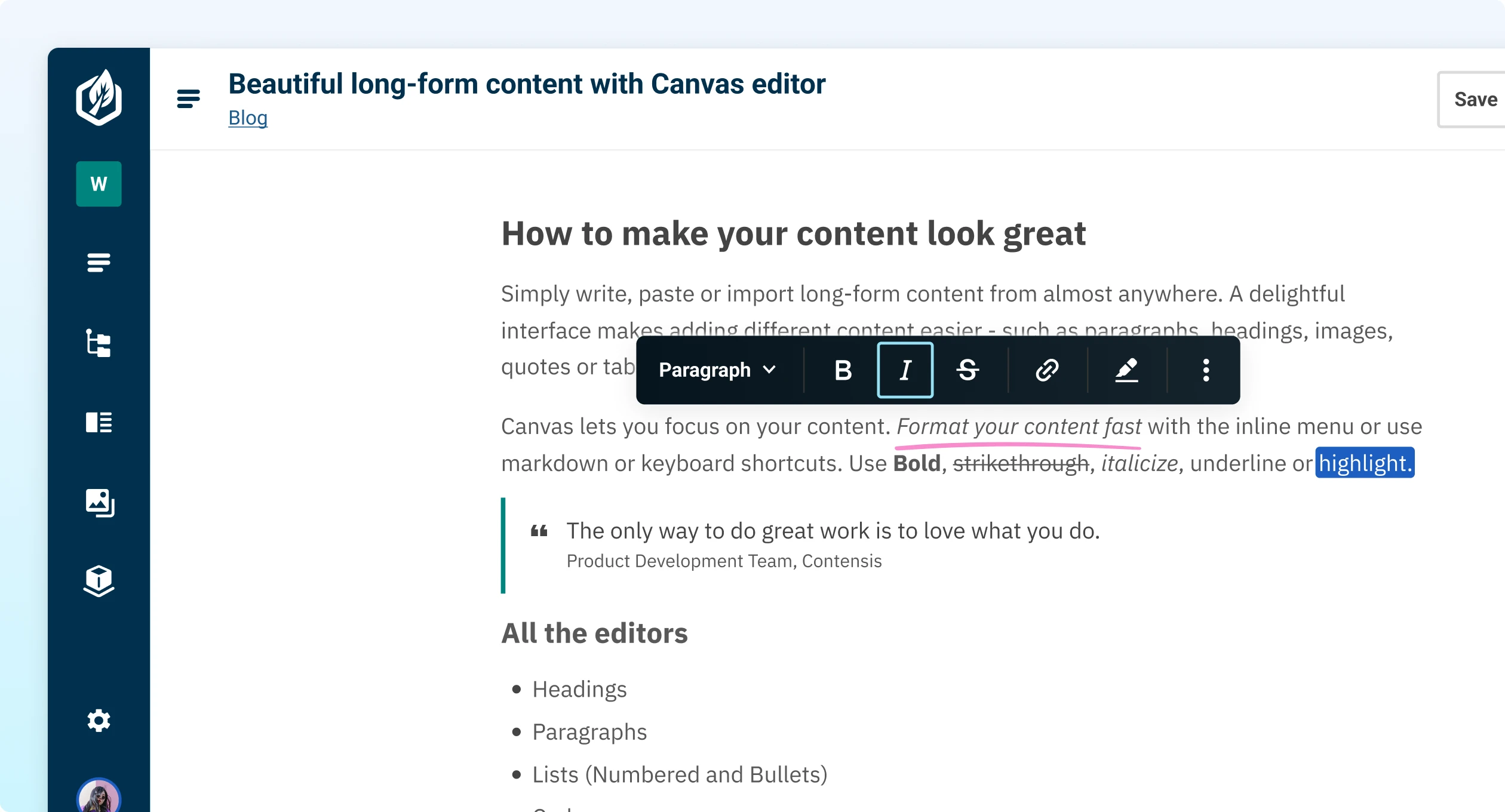 The Canvas editor in Contensis