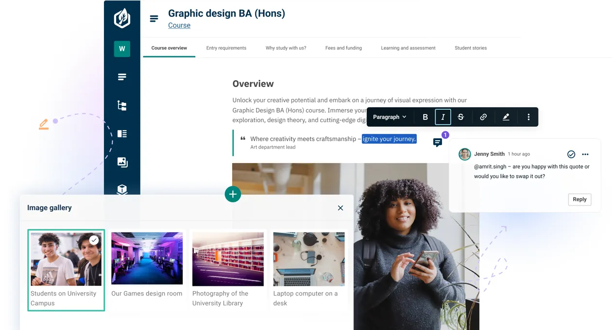 A composite image of university course content in the Contensis CMS.